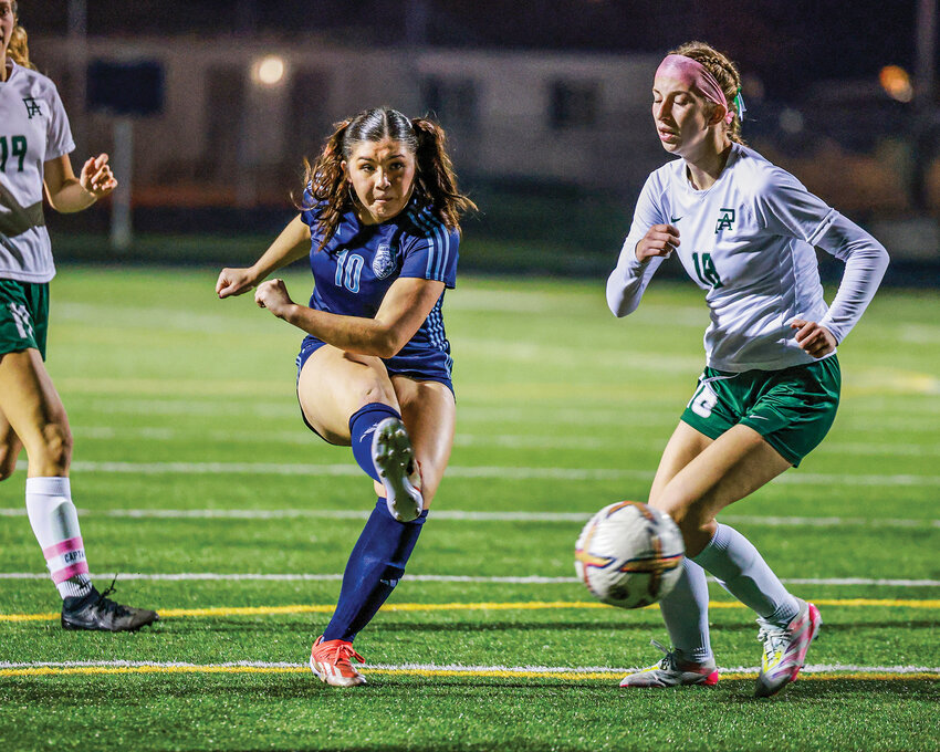 Hockinson&rsquo;s Bridget Brennan takes a shot on net during the Hawks&rsquo; 1-0 win over Port Angeles High School in the 2A girls soccer state playoff game at Battle Ground High School on Wednesday, Nov. 12.