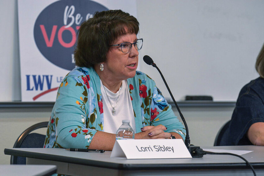 Lorri Sibley speaks about student safety, communication and community engagement during the League of Women Voters forum on Thursday, Oct. 10, at Clark-Cowlitz Fire Rescue Station 26. Sibley won her seat with 10,427 as of last Wednesday.
