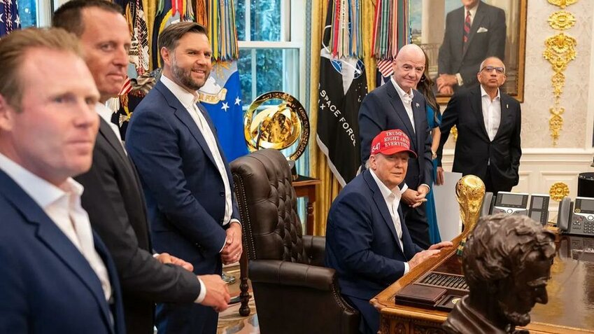 President Donald Trump, with Vice President JD Vance and FIFA President Gianni Infantino, announces that the FIFA World Cup draw will take place Dec. 5, 2025, at the Kennedy Center.