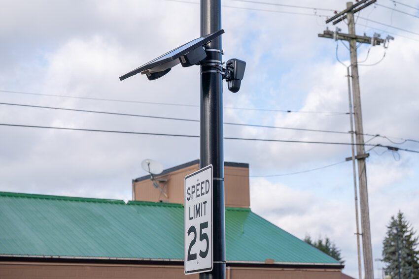 A Flock Security camera located near the intersection of South Tower Avenue and West Cherry Street in Centralia on Thursday, Nov. 20.