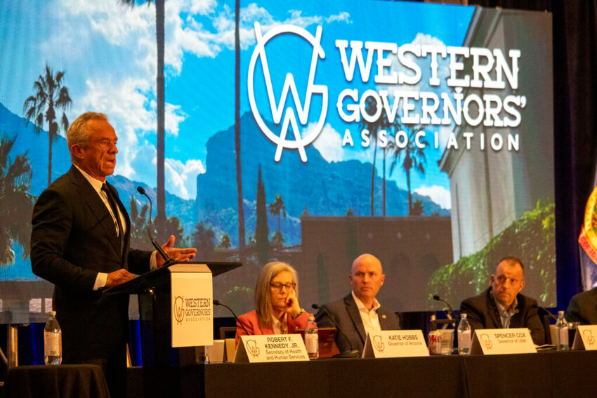 U.S. Health and Human Services Secretary Robert F. Kennedy Jr. addresses the Western Governors Association&rsquo;s winter meeting in Paradise Valley, Ariz. From left to right, Arizona Gov. Katie Hobbs, Utah Gov. Spencer Cox and Hawai&rsquo;i Gov. Josh Green listened.