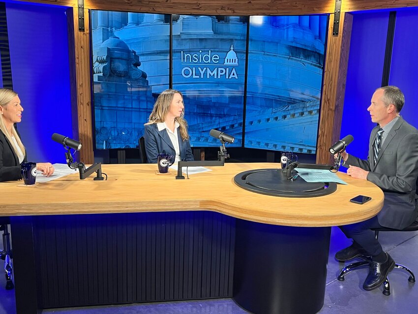 Washington state Chief Technology Officer Gretchen Peri, left, and Chief Privacy Officer Katy Ruckle, center, on the set of Inside Olympia with Austin Jenkins.
