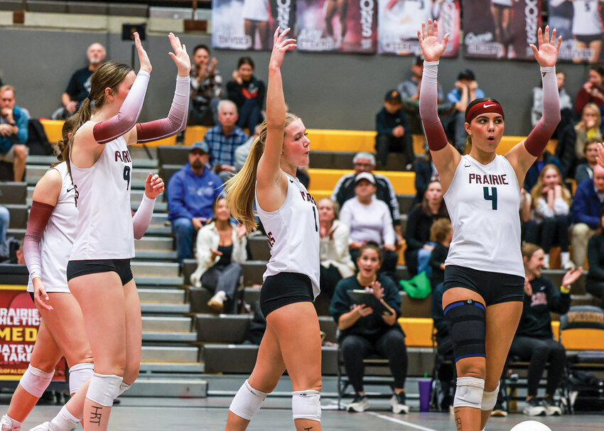 The Prairie Falcons celebrate during their state-tournament clinching win over Shelton High School earlier this month.