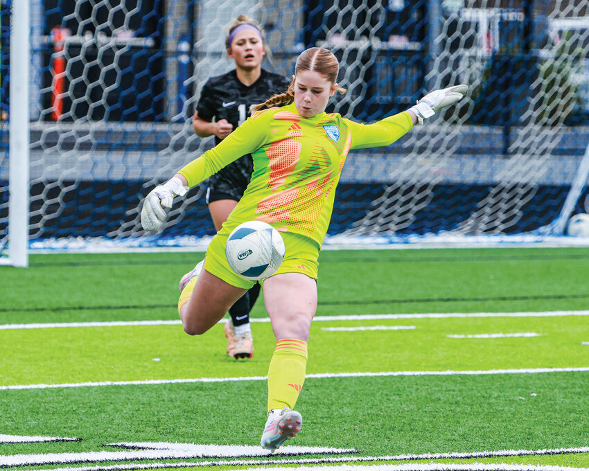 Hockinson goalkeeper Audrey Armstrong boots the ball downfield during the Hawks' 2-0 loss to Anacortes High School in the 2A third/fourth place game on Saturday, Nov. 22 at Federal Way Memorial Stadium.