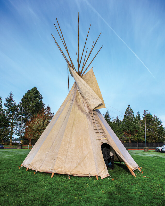 Nathanael &ldquo;Woody&rdquo; Hayford, of Hockinson, brought his 24-year old teepee he built to Hockinson Heights Elementary School to help teach second grade students about Native Americans on Friday, Nov. 21.