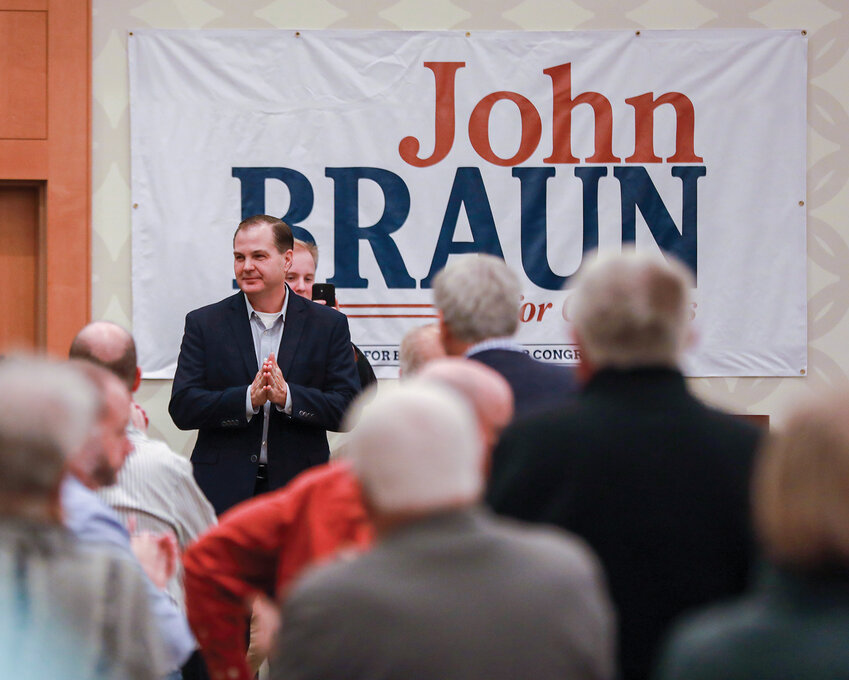 Washington state Sen. John Braun, R-Centralia, receives applause from his supporters after his speech during his campaign kickoff breakfast event at the Vancouver Hilton on Thursday, Nov. 20, as he seeks to represent Washington&rsquo;s Third Congressional District in next year&rsquo;s election.