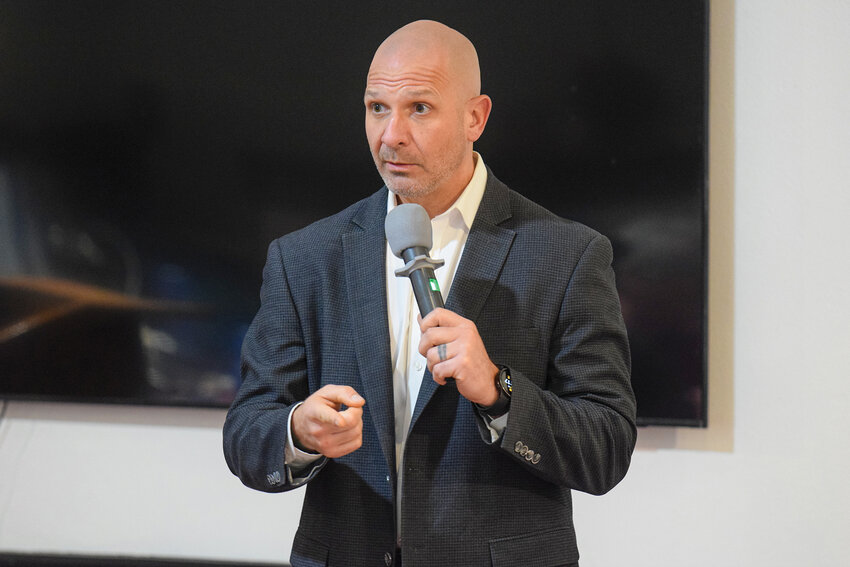 Rep. Peter Abbarno, R-Chehalis, speaks to attendees during the Woodland Chamber of Commerce Luncheon on Tuesday at the Oak Tree Restaurant. The lawmaker discussed tax proposals, public safety funding and the stalled Brockmann Residential Treatment Facility during the event.