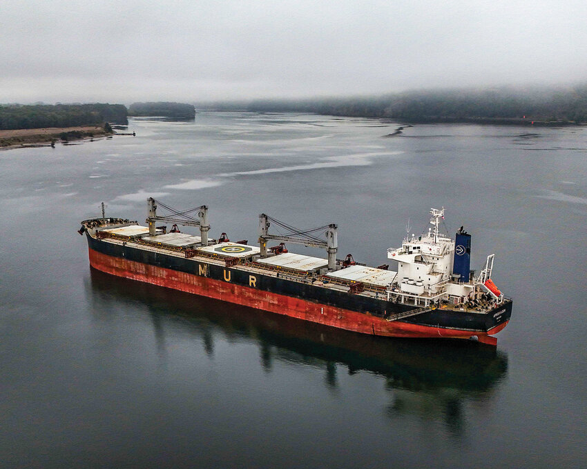 A ship sits anchored on the Columbia River west of Longview earlier this fall.