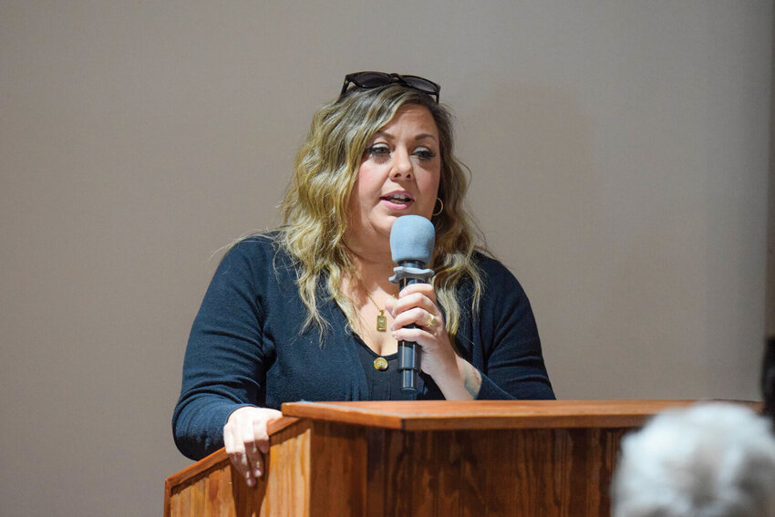 Brittny Michaelson speaks during a Woodland Chamber of Commerce candidate forum in October. She won council position 2 in the Nov. 4 election and will take office in 2026.