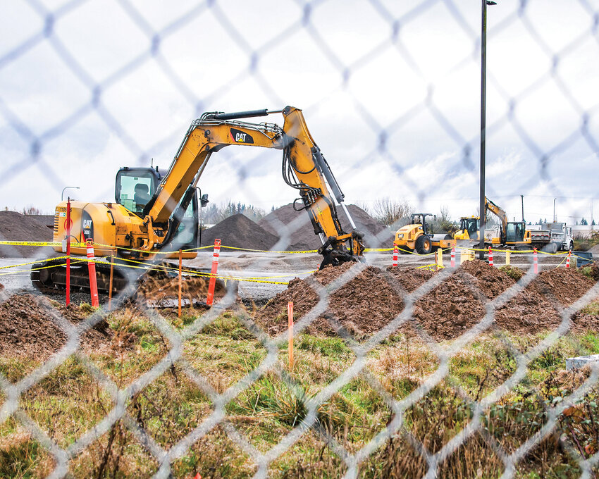 Construction equipment sits on Thanksgiving Day at the future site of a Goodwill Industries of the Columbia Willamette location in Ridgefield off of South 65th Avenue.