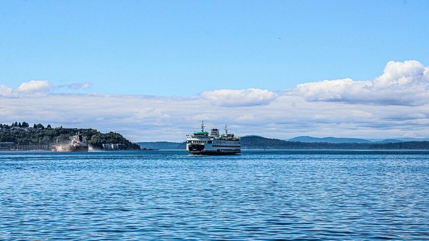 A ferry near the Seattle shoreline.