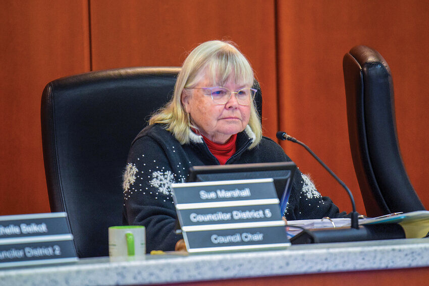 Clark County Chair Sue Marshall votes to adopt the 2026 budget on Tuesday, Dec. 2. The budget outlook shows a roughly $14 deficit in 2026.