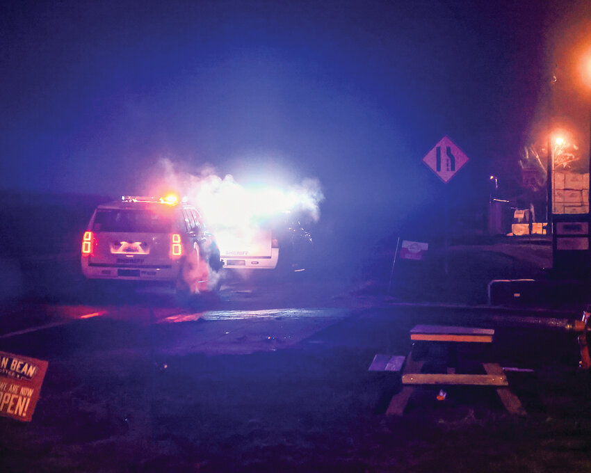 A stolen vehicle pursuit suspect reversed hard into a Clark County Sheriff&rsquo;s Office patrol vehicle near the intersection of Northeast 72nd Avenue and state Route 502 at Dollars Corner, while in the grasp of the Grappler pursuit immobilization system after a chase from the area of Fred Meyer in Battle Ground on Tuesday, Dec. 2.