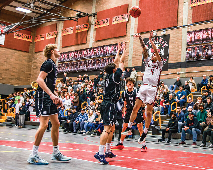 Prairie junior guard Malachi Patton sinks a fadeaway jumper during the Falcons 64-60 win over Skyview High School on Thursday, Dec. 11.