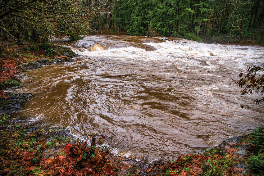 The swift rise of the East Fork Lewis River was on full display at Lucia Falls during last week&rsquo;s flooding. At 10 a.m. on Tuesday, Dec. 9, the river measured just below 20 feet. The second photo shows Lucia Falls when it measured at 10.44 feet in October.