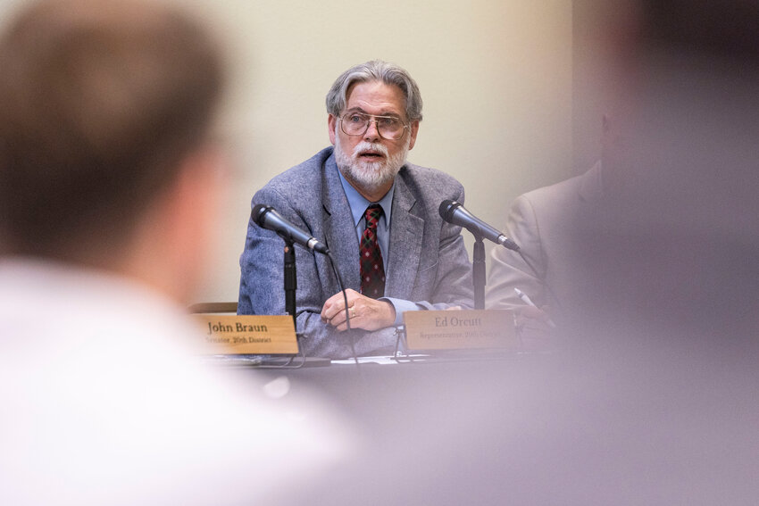 State Rep. Ed Orcutt, R-Kalama, speaks on a panel during a legislative forum hosted by Cascade Community Healthcare in Centralia on Thursday, Dec. 11.