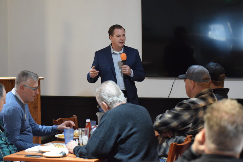 State Sen. John Braun answers questions from constituents during a Woodland Chamber of Commerce luncheon last week.