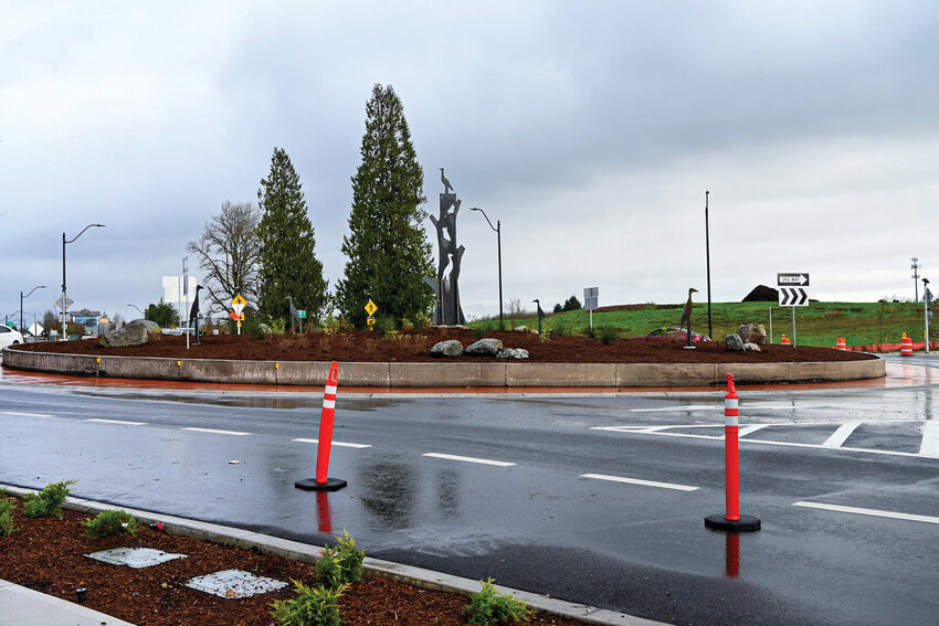 The artwork in the center of Ridgefield&rsquo;s newest roundabout at Pioneer Street and Discovery Drive features native bird silhouettes cut from steel.