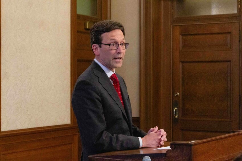 Gov. Bob Ferguson in a media availability after signing the budget on Tuesday, May 20, 2025. (Photo by Jacquelyn Jimenez Romero/Washington State Standard)