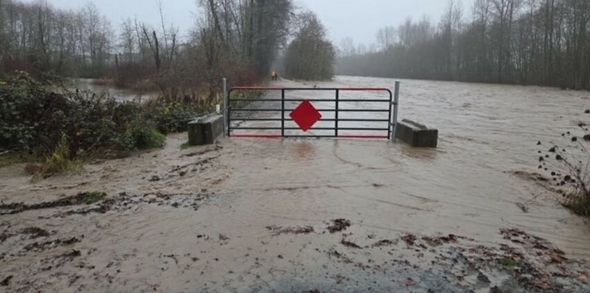 Flooding in Orting, Washington after several days of heavy rain, Dec. 10, 2025.