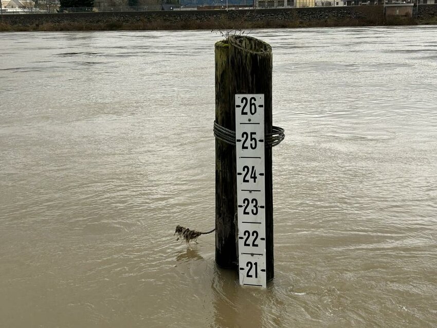 The Cowlitz River gauge near the Cowlitz County Hall of Justice on Monday, Dec. 15 in Kelso. Minor flood stage for the river in Kelso is 21.5 feet. Local leaders say sediment that continues to flow down Mount St. Helens from the 1980 eruption is filling the river and adding to flood risks.