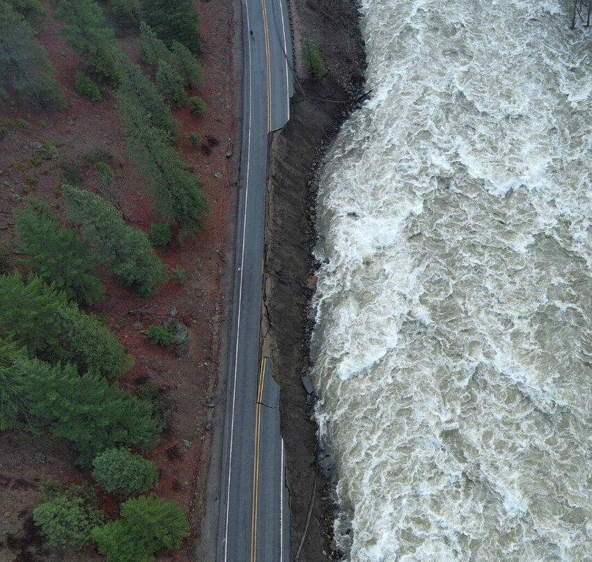 An overhead view of damage to U.S. 2 in Tumwater Canyon, in a photo shared by the Washington State Department of Transportation on Dec. 16, 2025. (Photo courtesy of WSDOT)