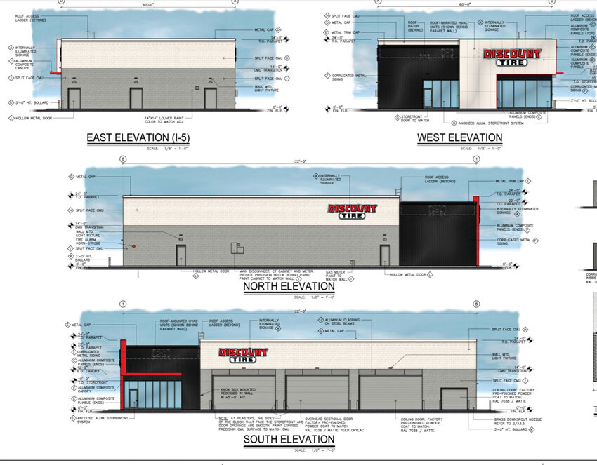 Building illustration plans illustrate what a Discount Tire store may look like after a December pre-application conference for the Ridgefield Gateway project along Pioneer Street near the Interstate-5 interchange.