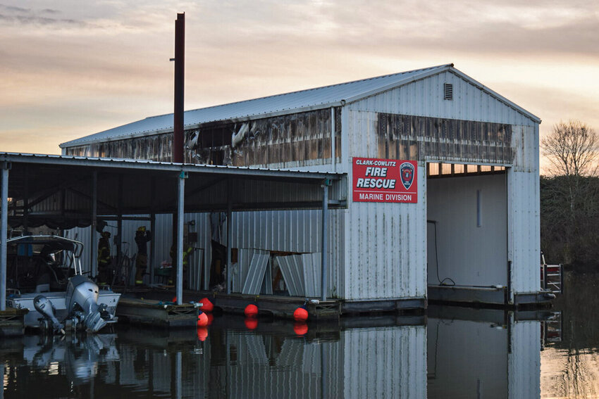 Fire damage is visible along the eastern wall and windows of the Clark-Cowlitz Fire Rescue boathouse at Ridgefield Marina on Dec. 1. Investigators from the Clark County Fire Marshal&rsquo;s Office have determined the fire was accidental and likely caused by an electrical overload or fault within the wiring system.
