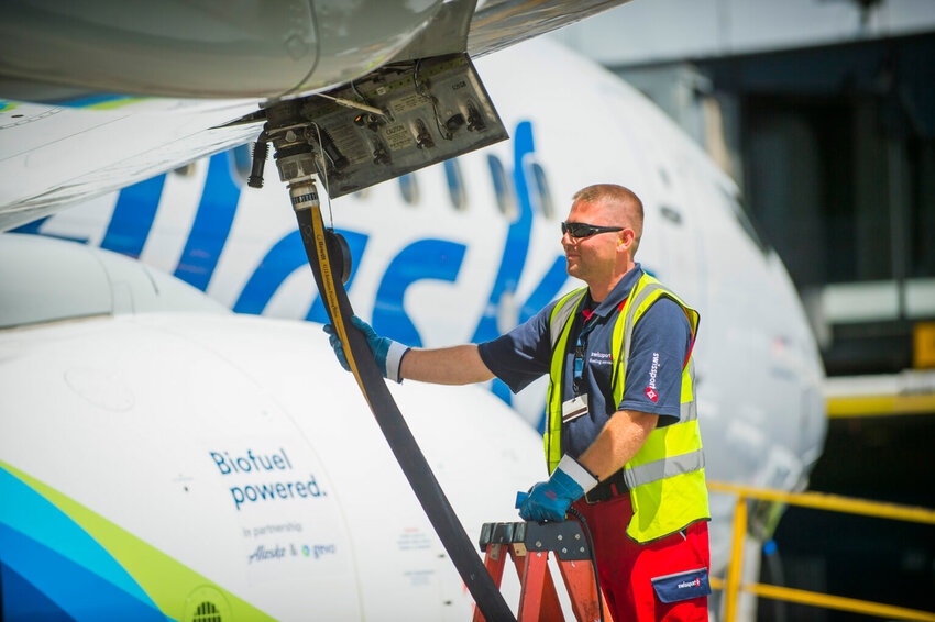 Airlines around the world have conducted demonstration flights using biofuel blends for more than a decade. But alternatives to fossil jet fuel currently account for less than 1% of all jet fuel dispensed. (Photo courtesy of Alaska Air Group)