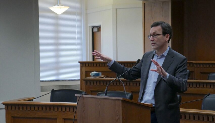 Gov. Bob Ferguson speaks to reporters during the annual legislative session preview in Olympia, Wash., on Jan. 9, 2026. (Photo by Bill Lucia/Washington State Standard)