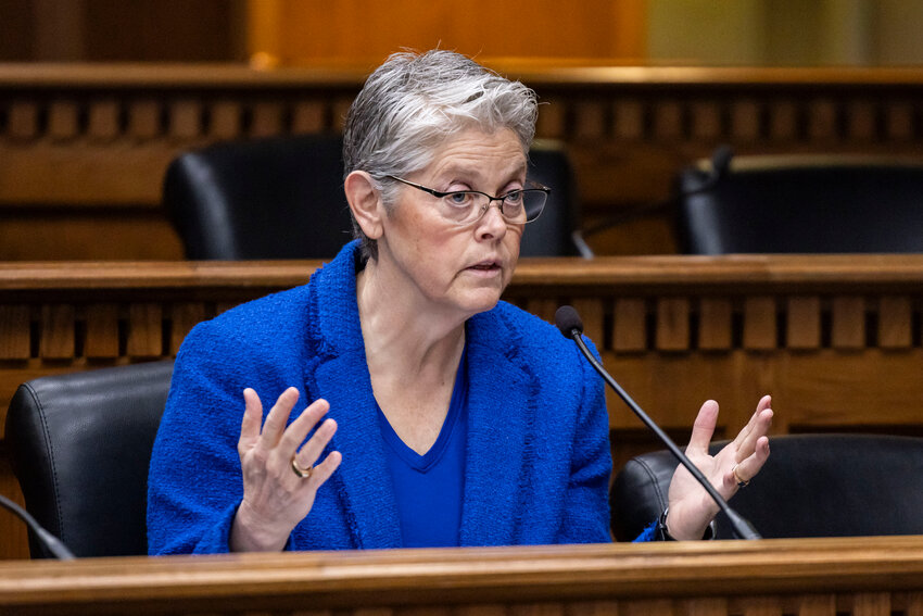 Speaker Laurie Jinkins speaks on a leadership panel during a legislative session preview at the Washington state Capitol in Olympia on Friday, Jan. 9.