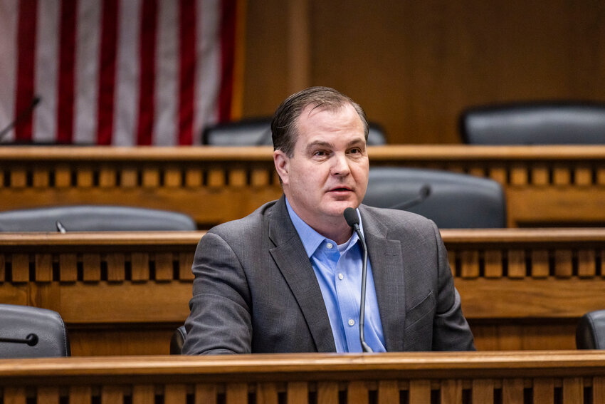 Senate Republican Leader John Braun speaks on a leadership panel during a legislative session preview in a Senate Hearing room l in Olympia on Friday, Jan. 9.