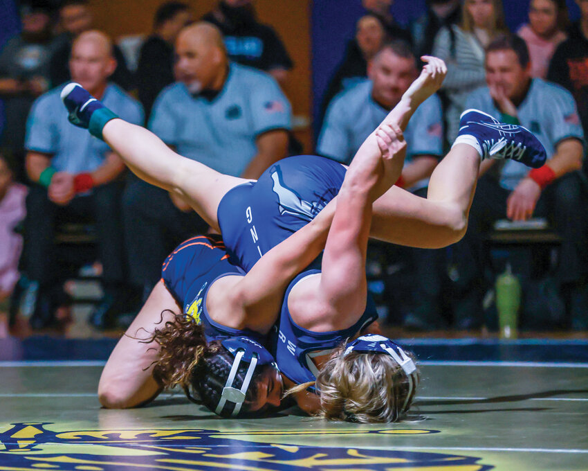 Ridgefield&rsquo;s Lillian Hulegaard throws down Rogers&rsquo; (Puyallup) Lindy Strowbridge during her 125-pound title match win against Strowbridge in the 2026 Braided 64 Kelso Girls wrestling tournament on Saturday, Jan. 10.