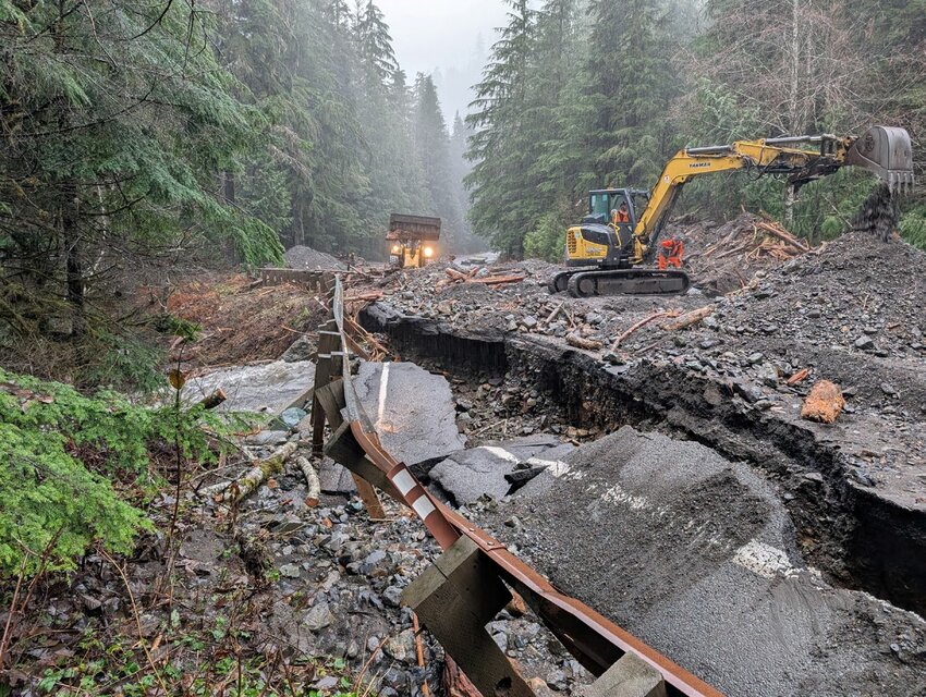 A damaged section of State Route 542 between mileposts 43 and 45 east of Glacier after flooding from an atmospheric river in December 2025.