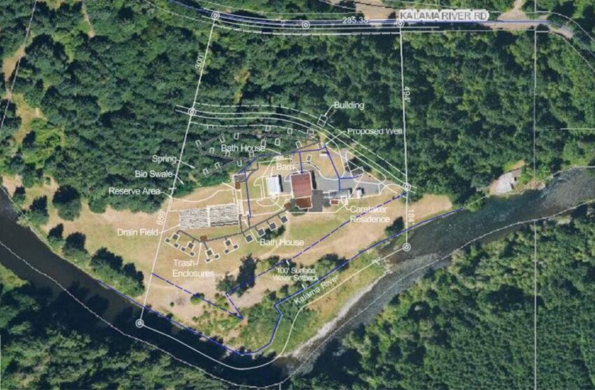 A map outlines where proposed parts of Wandering River Retreat will be located at 4311 Kalama River Rd. in Kalama.