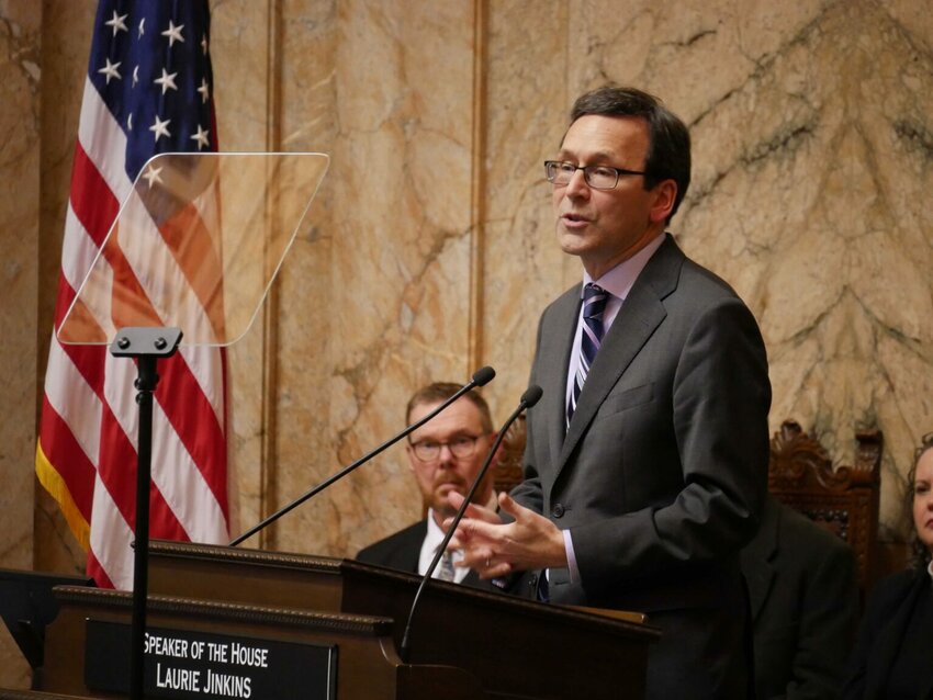Gov. Bob Ferguson delivers his State of the State address on Jan. 13, 2026 in the House chamber at the Washington state Capitol. (Photo by Bill Lucia/Washington State Standard)