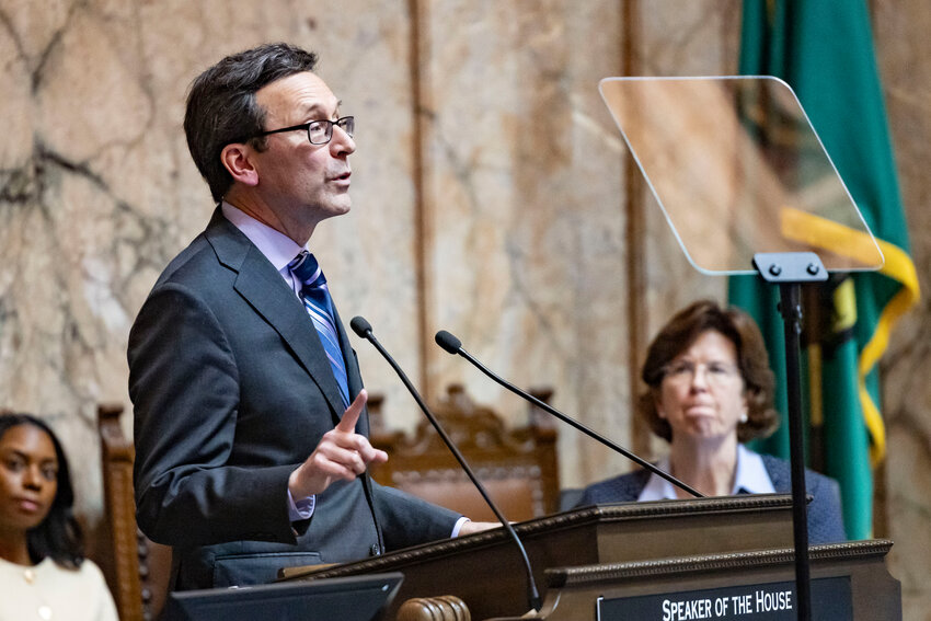 Gov. Bob Ferguson gives the State of the State address for the 2026 Legislative session at the Washington state Capitol in Olympia on Tuesday, Jan. 13.