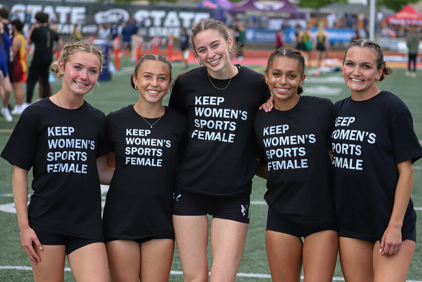 Tumwater's relayers, from left, Cassidy Hedin, Ashlyn Hufana, Alexandra Broome, Ava Jones and Reese Heryford, pose for a photo after their final race at the 2A/3A/4A state championship meet at Mount Tahoma High School on Saturday, May 31.