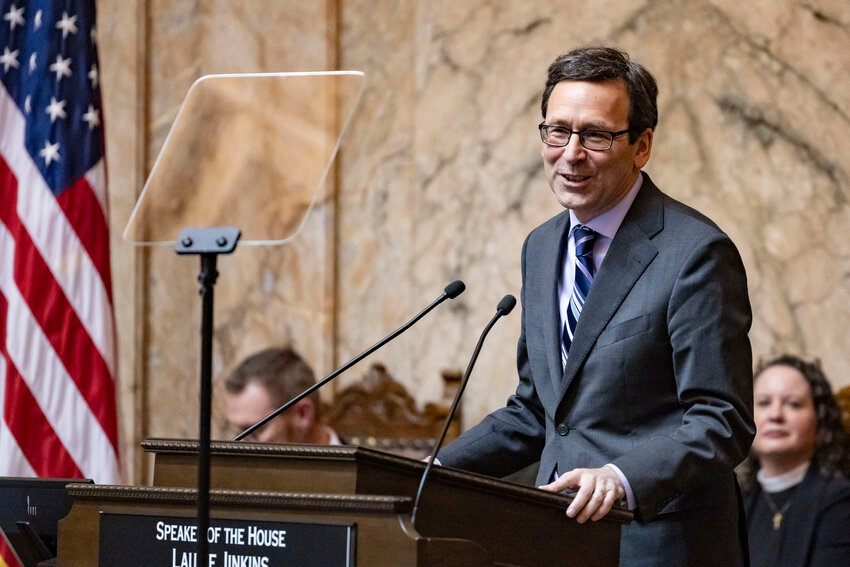 Gov. Bob Ferguson delivers the State of the State address for the 2026 Legislative session at the Washington state Capitol in Olympia on Tuesday, Jan. 13.