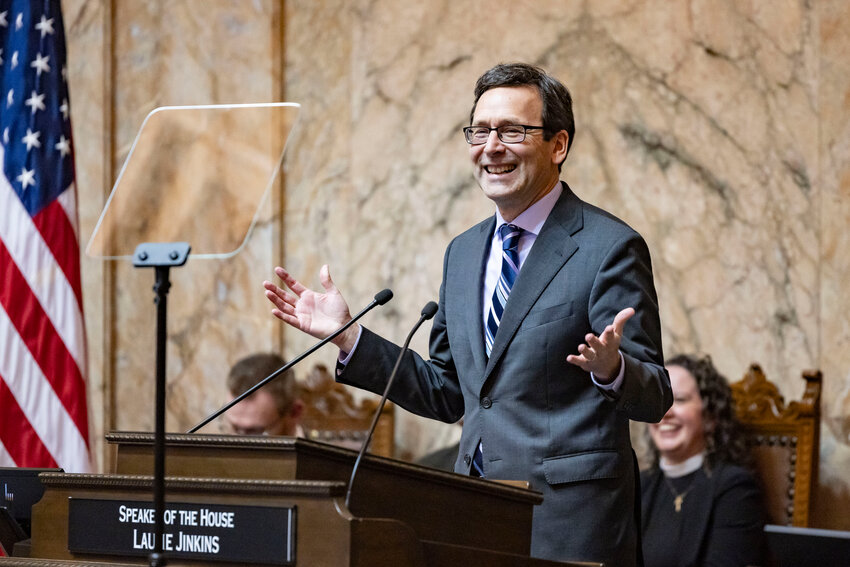 Gov. Bob Ferguson delivers the State of the State address for the 2026 Legislative session at the Washington state Capitol in Olympia on Tuesday, Jan. 13.