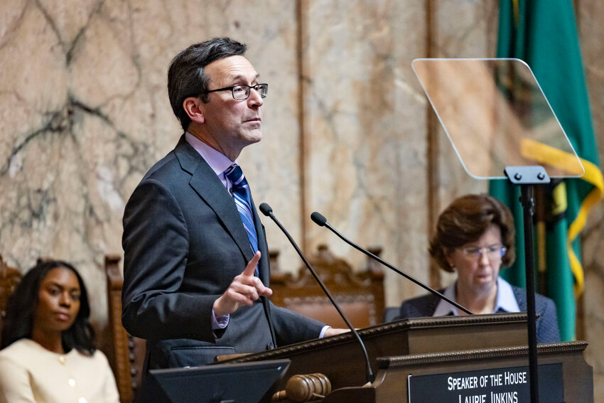Gov. Bob Ferguson delivers the State of the State address for the 2026 Legislative session at the Washington state Capitol in Olympia on Tuesday, Jan. 13.
