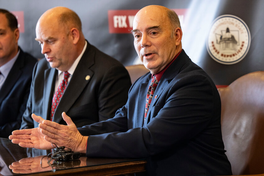 Sen. Keith Wagoner, R-Sedro Woolley, answers a question from the press following the State of the State address in Olympia on Tuesday, Jan. 13.