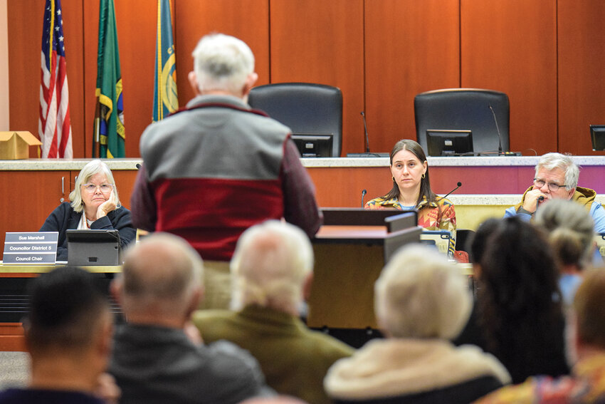 Mark Leed, vice chair and conservation liaison for the Loo Wit Sierra Club, addresses the Clark County Council and Planning Commission during public testimony Thursday, Jan. 15. Speakers opposing urban growth area expansions urged the county to preserve agricultural land and natural resources under the comprehensive plan.