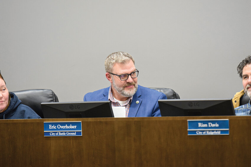 Battle Ground Mayor Eric Overholser explains the intent behind proposed language limiting how C-Tran could fund future light rail operations and maintenance during a C-Tran board meeting on Jan. 13. The board ultimately voted to send the proposal back to the Board Composition Review Committee for further review.