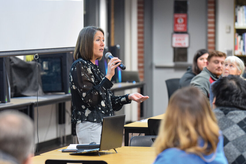 Superintendent Shelly Whitten speaks about rising costs and unfunded state mandates during a Battle Ground Public Schools levy information meeting on Jan. 14. District leaders said those pressures are making it increasingly difficult to balance the budget without local levy support.