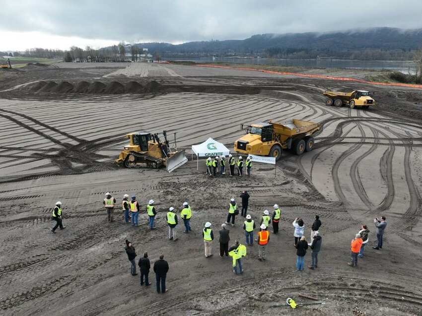 Granite Construction and Port of Woodland officials celebrate the start of construction on a new asphalt plant in early January at the port's Martin Bar South site.