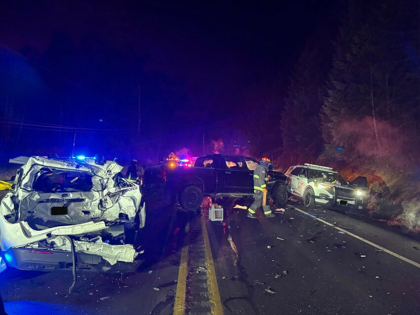 The scene of the crash on Saturday on Spirit Lake Memorial Highway in Castle Rock.