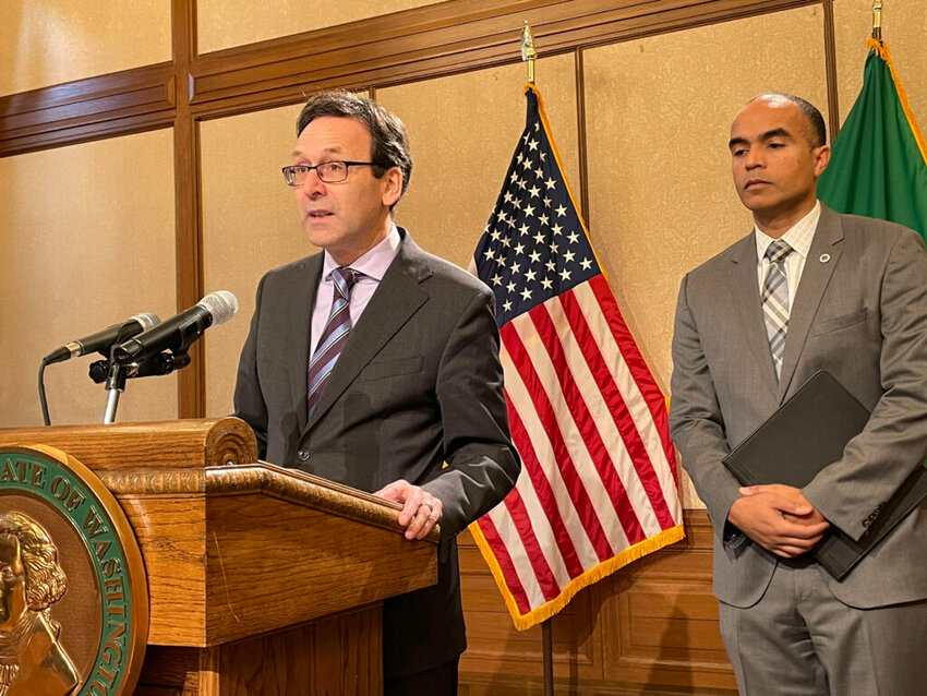 Washington Gov. Bob Ferguson discusses preparations that he and state Attorney General Nick Brown, right, are preparing if federal law enforcement agents conduct immigration activities similar to what&rsquo;s occurred in Minnesota. Both are Democrats. (Photo by Jerry Cornfield/Washington State Standard)