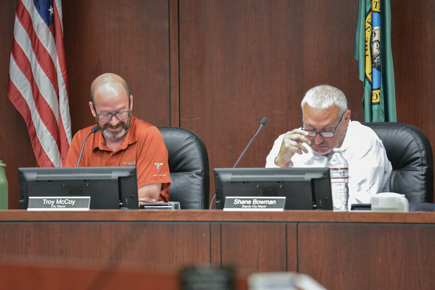 Battle Ground City Councilors Troy McCoy, left, and Shane Bowman were replaced on the city&rsquo;s Legislative Committee after a Tuesday, Jan. 20, agenda amendment reopened appointments for all committees not already scheduled for new membership. Bowman later argued the move conflicted with the council&rsquo;s governance manual and ended sitting members&rsquo; terms early without prior public notice.