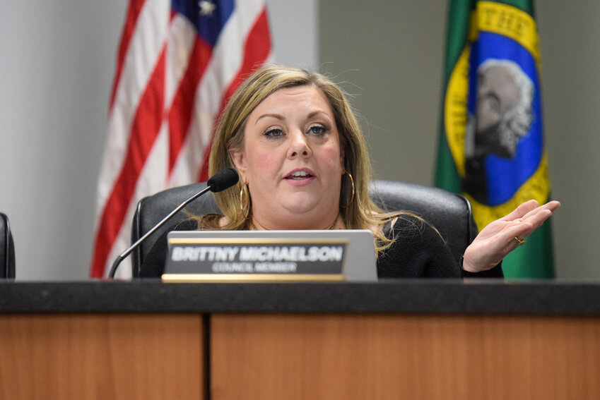Woodland City Councilor Brittny Michaelson speaks during a Woodland City Council meeting on Jan. 21. Michaelson advocated for a gradual approach to increasing school impact fees rather than adopting the full proposed increase at once.